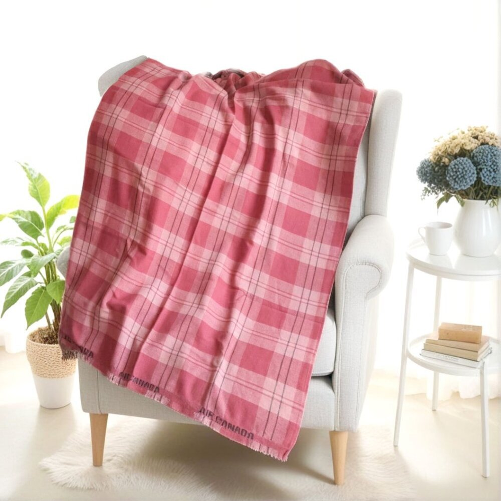 Vintage Air Canada Plaid Wool Blanket Red Checked Retro 70s Travel Red Pink Navy